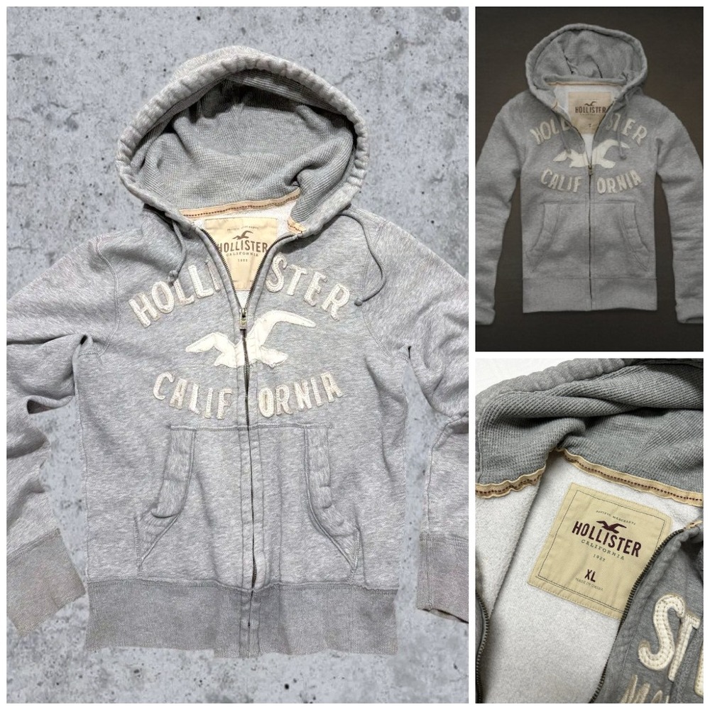 Y2k Hollister Zip Up Hoodie XL Gray HCO Preppy Thermal Distressed Grunge Preppy